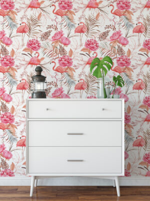 Hello Sticky - Shop - Peel & Stick Removable Wallpaper - Urban Jungle Wallpaper - Flamingos - Main View