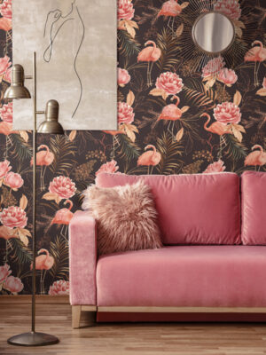 Hello Sticky - Shop - Peel & Stick Removable Wallpaper - Urban Jungle Wallpaper - Midnight Flamingos - Main View