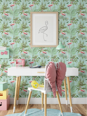 Hello Sticky - Shop - Peel & Stick Removable Wallpaper - Urban Jungle Wallpaper - Seafoam Flamingos - Main View