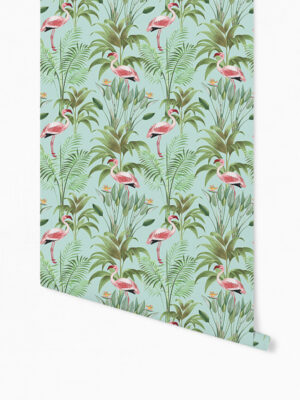 Hello Sticky - Shop - Peel & Stick Removable Wallpaper - Urban Jungle Wallpaper - Seafoam Flamingos - Roll 1 View